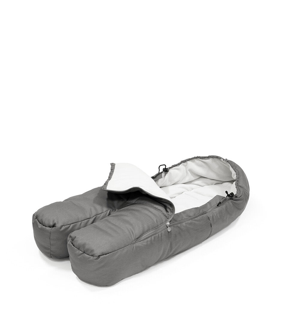 Stokke® Xplory® X Foot Muff, Modern Grey. Zipper open.