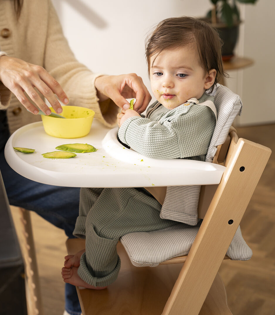 Tripp Trapp® High Chair² Natural, Nordic Grey Cushion and Stokke® Tray, Natural, Nordic Grey Cushion + Tray, mainview