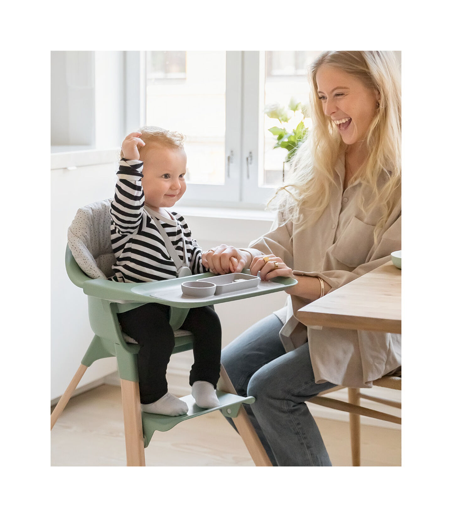 Stokke® Clikk™ High Chair. Natural Beech wood and Clover Green plastic parts. view 2