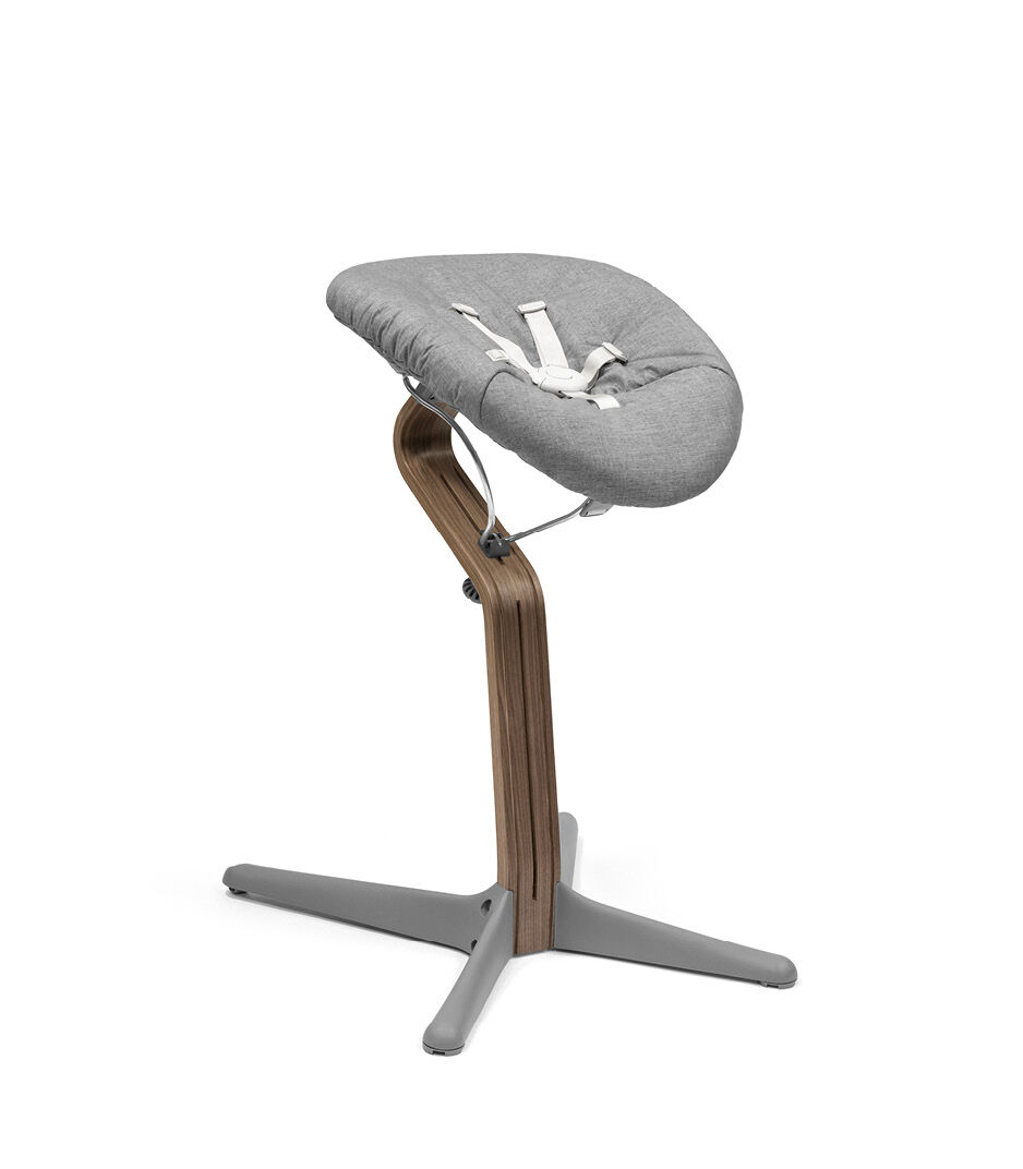 Stokke® Nomi® Chair. Premium Walnut wood and Grey plastic parts with Newborn Set, Grey textile cover. galery image 3