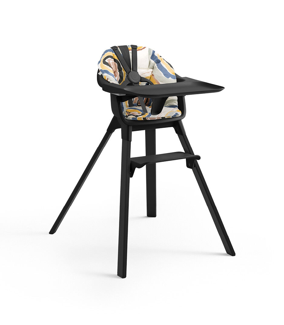 Stokke® Clikk™ High Chair with Tray and Harness, in Midnight Black. Cushion Multi Circle.