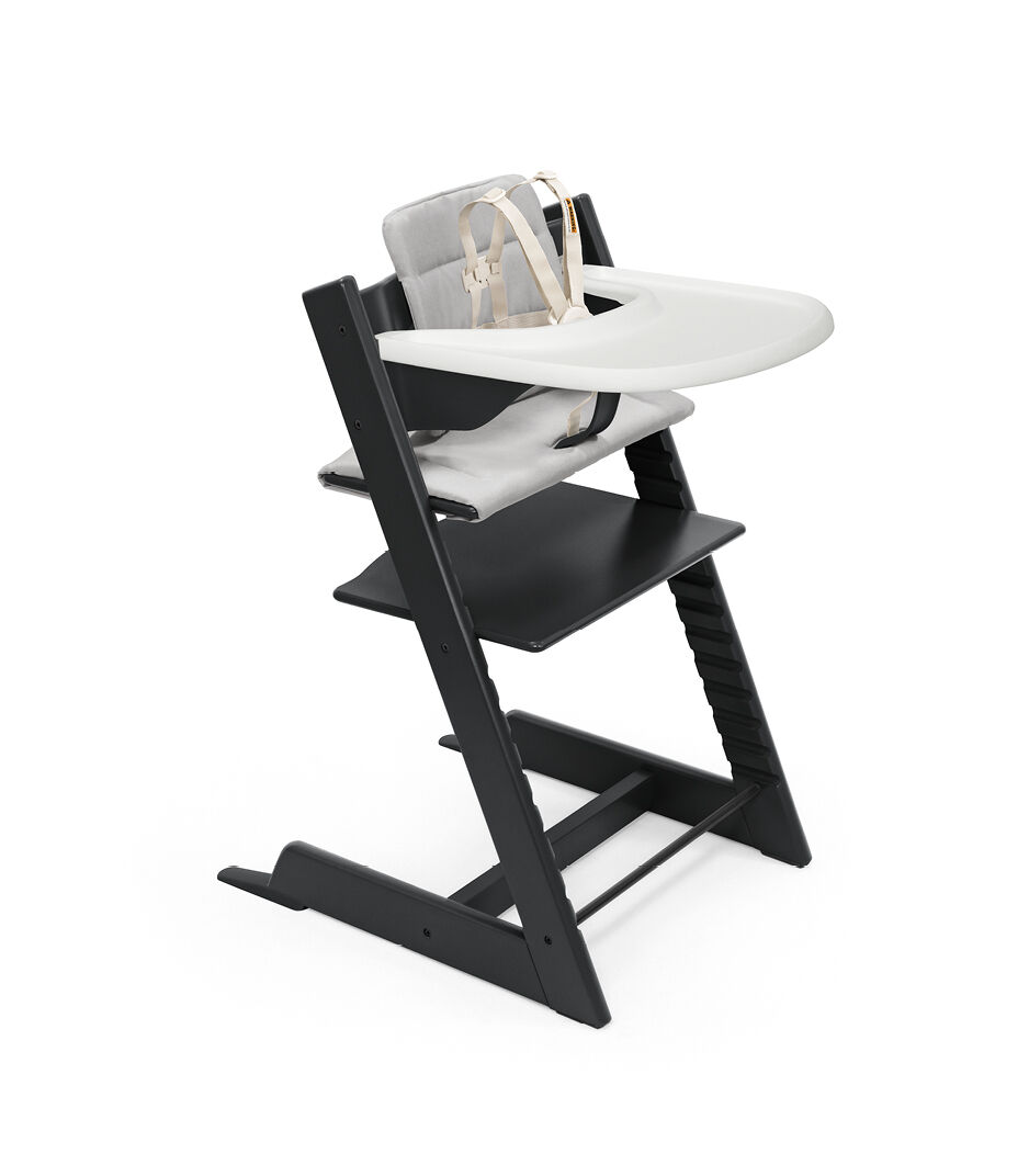 Tripp Trapp® High Chair Black with Baby Set and Stokke° Tray, White. Cushion-25, Anthracite. US variant with Stokke® Harness, Beige. galery image 5