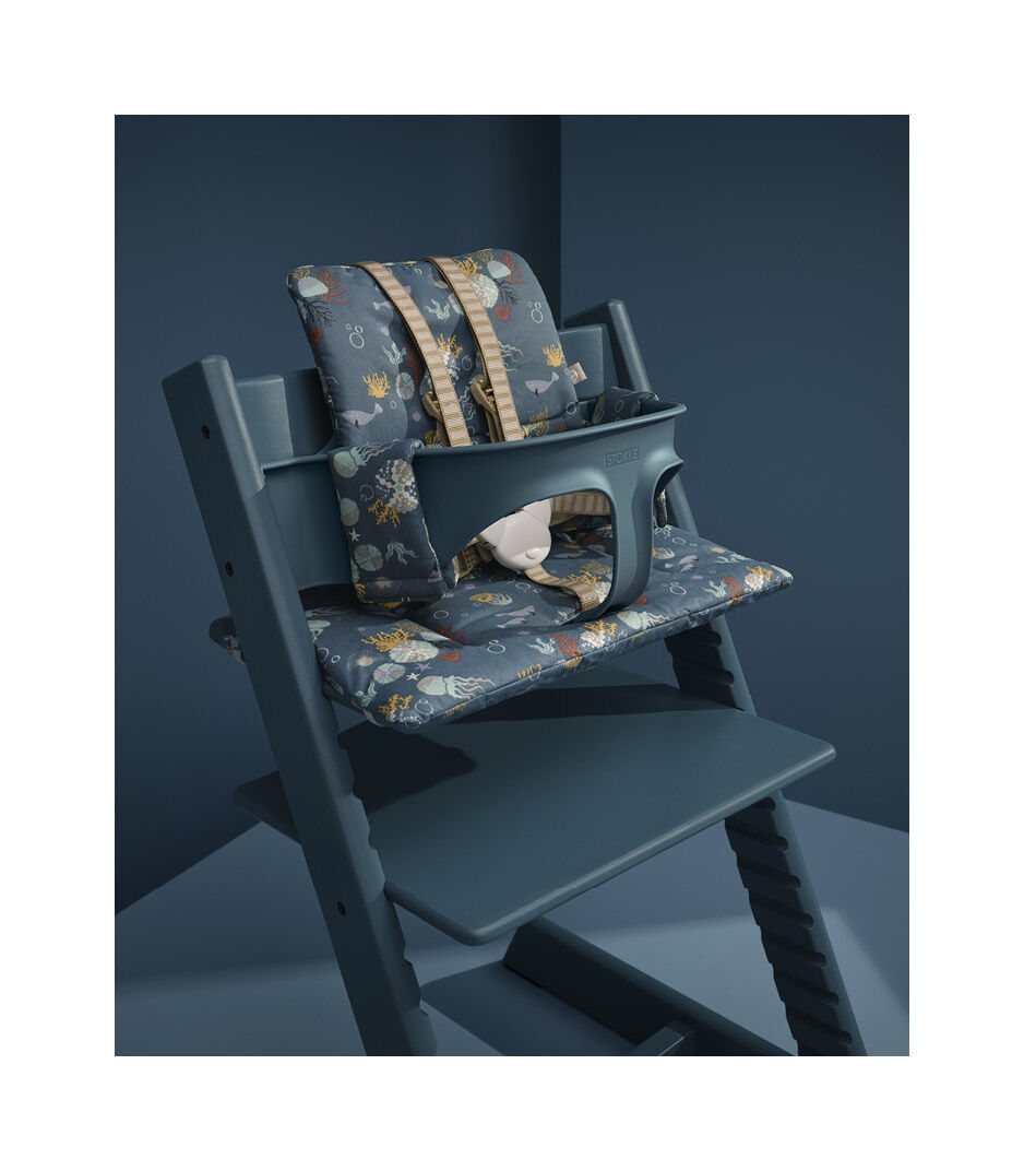 Tripp Trapp® and Baby Set Fjord Blue with Classic Cushion Into The Deep. Stokke Harness. USA.