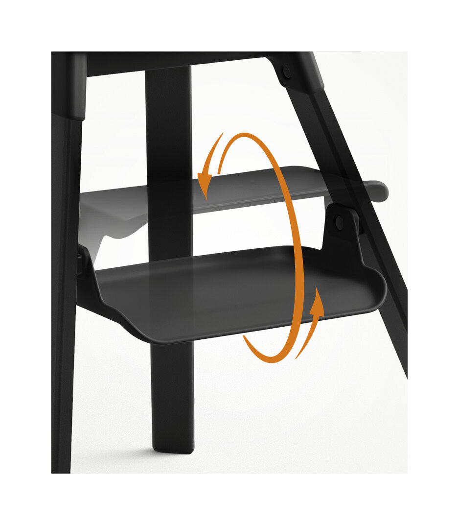 Stokke® Clikk™ High Chair Midnight Black. Detail, footrest rotation.