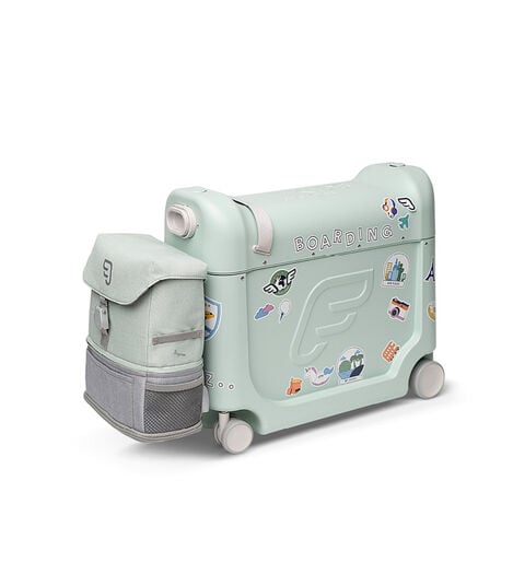 JetKids™ by Stokke® BedBox V3 and Crew BackPack in Green Aurora. Decorated with Stickers. view 9