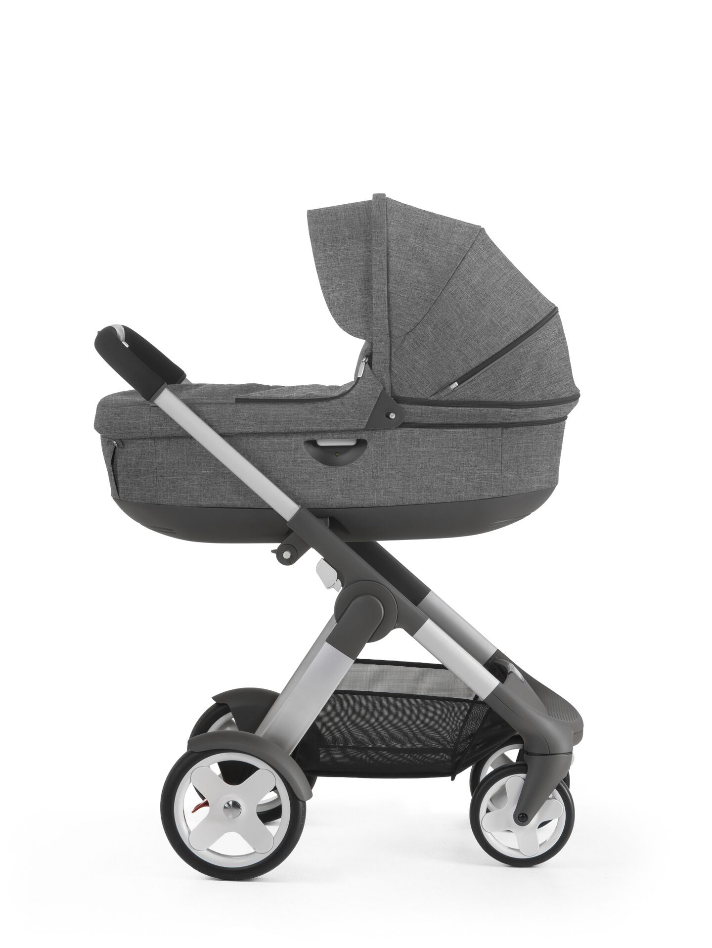 With Stokke® Stroller Carry Cot, Black Melange. With Stokke® Stroller Carry Cot, Black Melange.