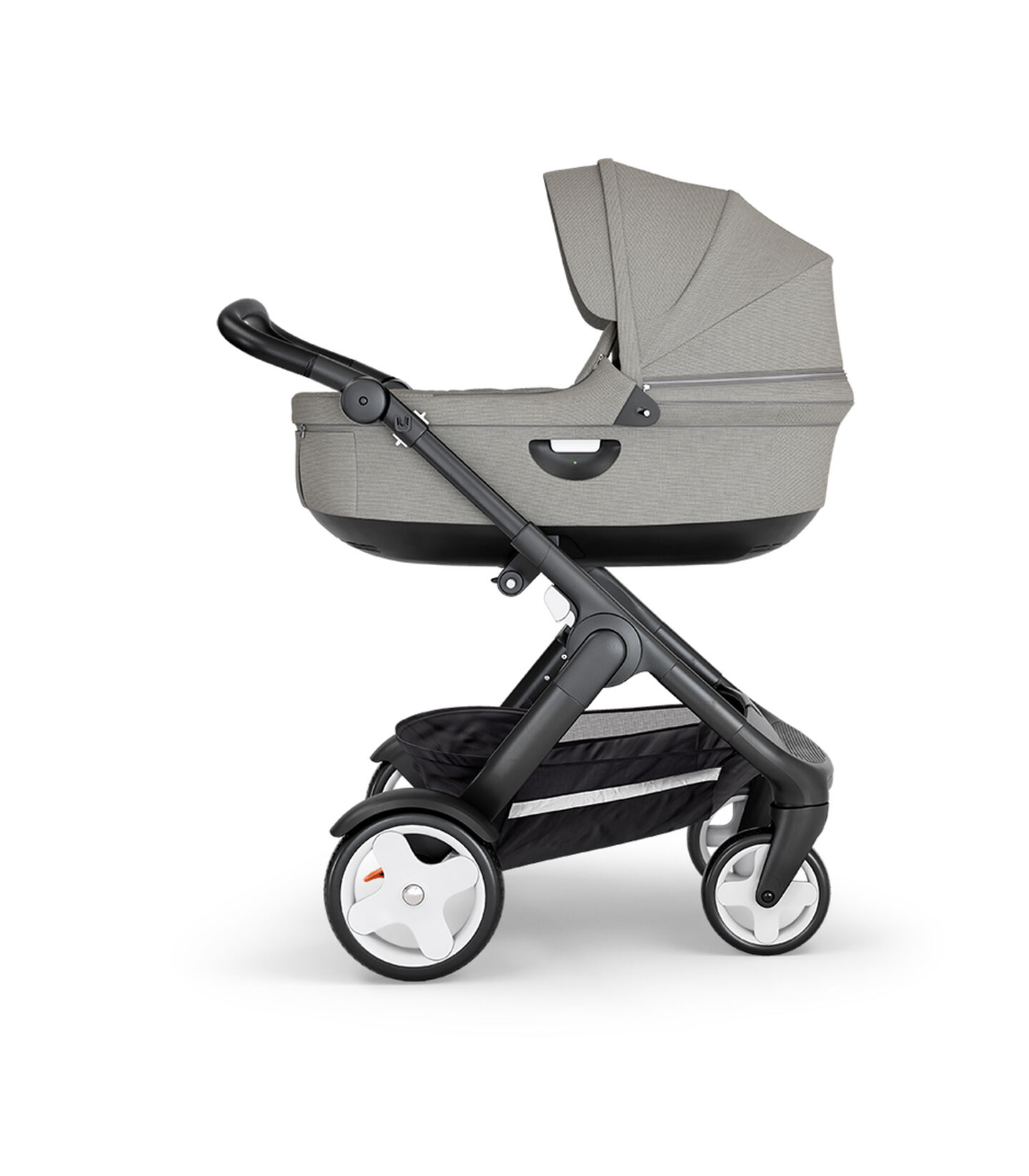 Stokke® Trailz™ with Black Chassis, Black Leatherette and Classic Wheels. Stokke® Stroller Carry Cot, Brushed Grey. view 2