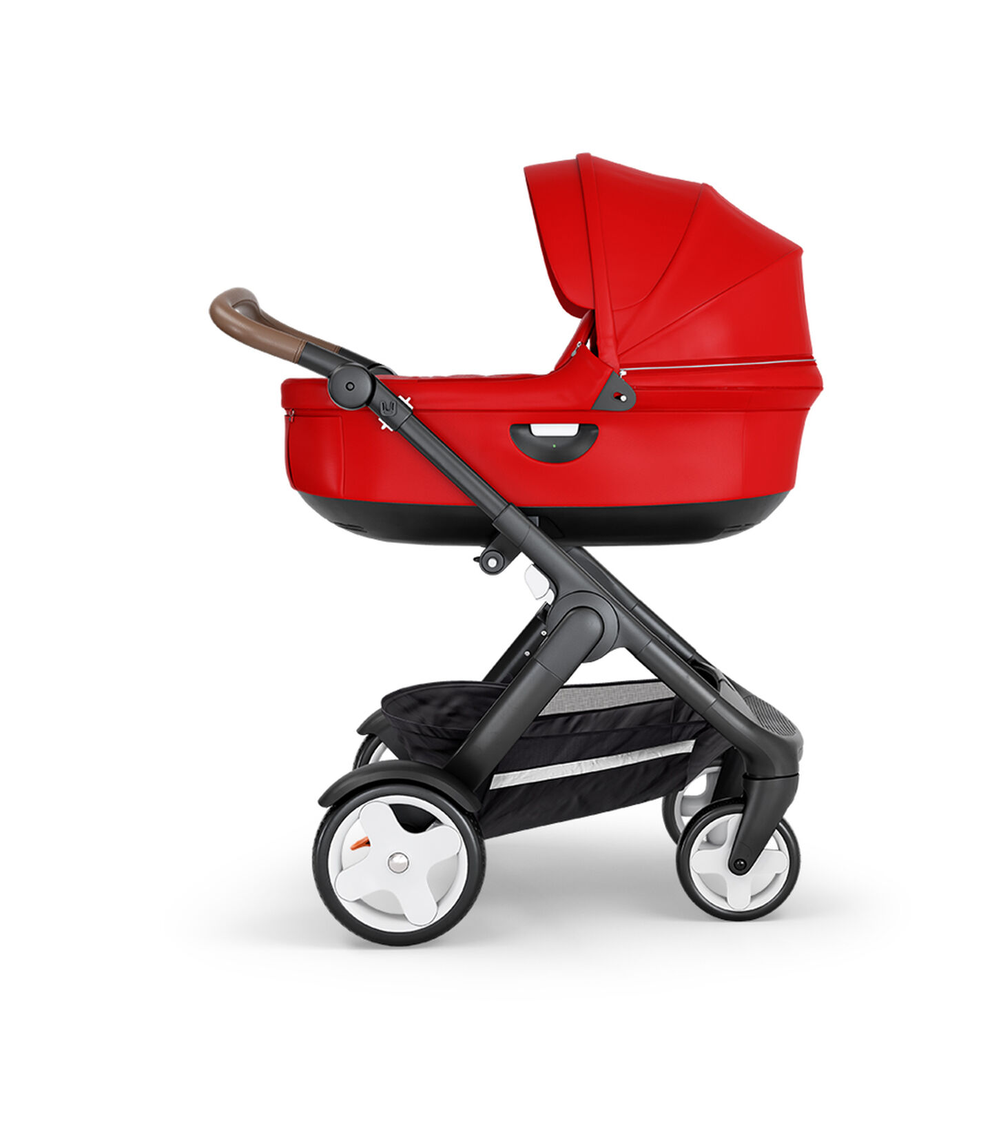 Stokke® Trailz™ with Black Chassis, Brown Leatherette and Classic Wheels. Stokke® Stroller Carry Cot, Red view 2
