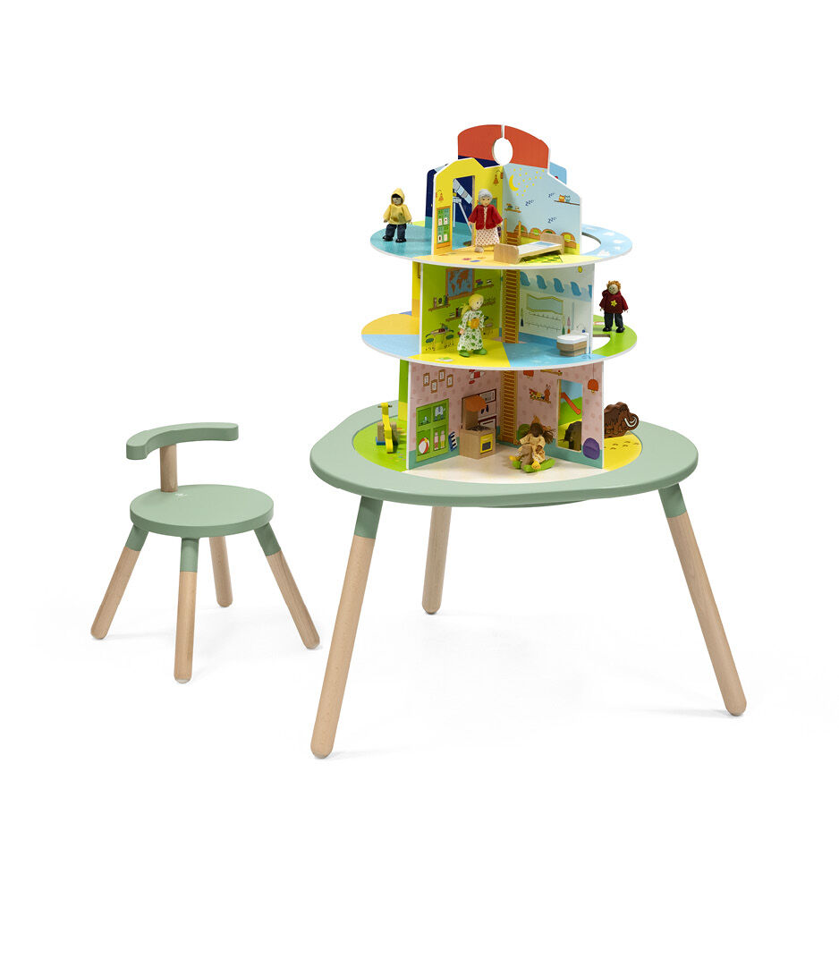 Stokke® MuTable™ Chair and Table with 3-storage Playhouse, scenario 2, with dolls and toys (accessories).