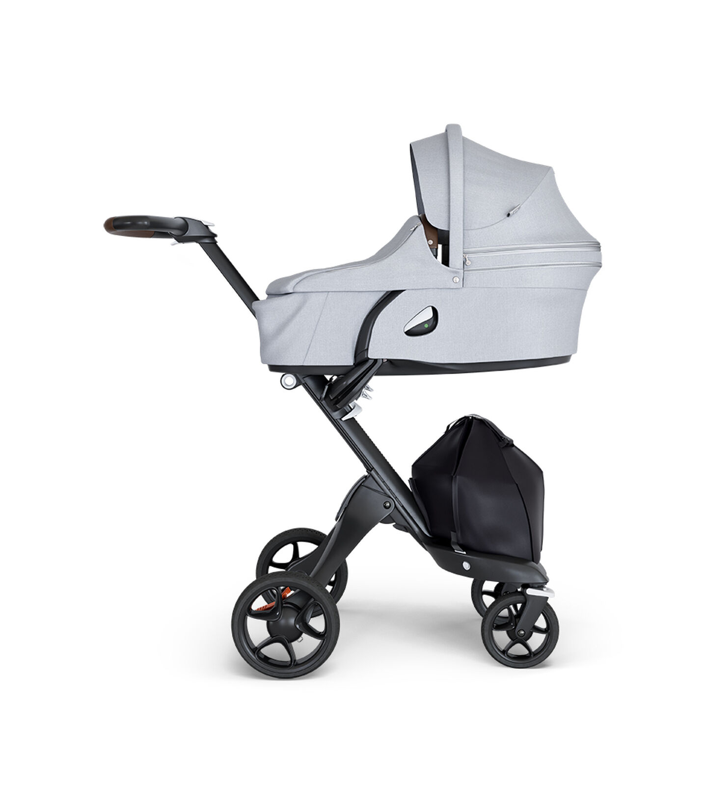 Stokke&reg; Xplory&reg; wtih Black Chassis and Leatherette Brown handle. Stokke&reg; Stroller Carry Cot Grey Melange.