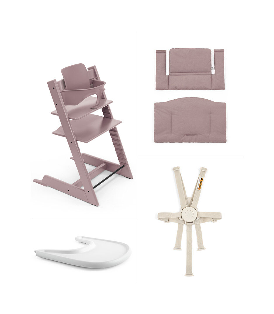 Tripp Trapp® High Chair² Heather Mauve, Heather Mauve Cushion and White Stokke® Tray, HeatherMauve, HeatherMauve Cushion+ Tray, mainview