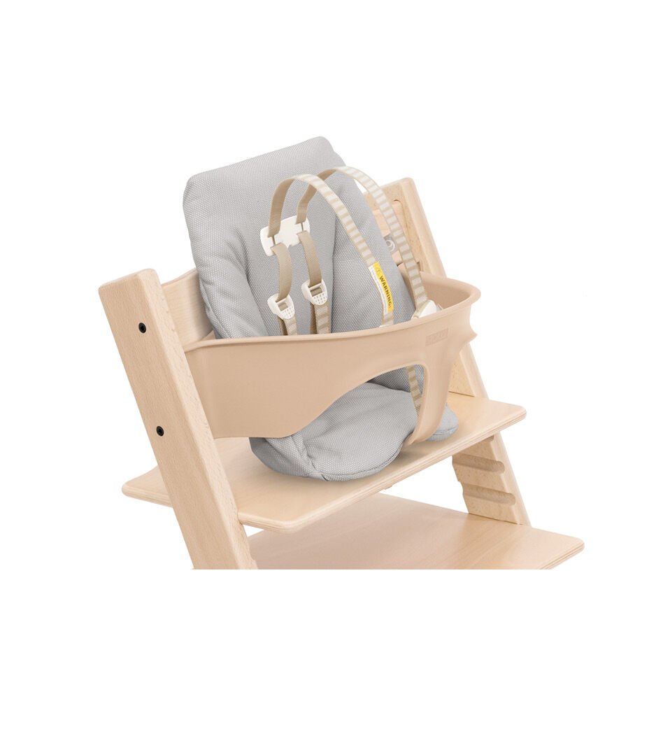 Tripp Trapp® chair Natural, Beech Wood, with Baby Set and Baby Cushion Timeless Grey. US version.