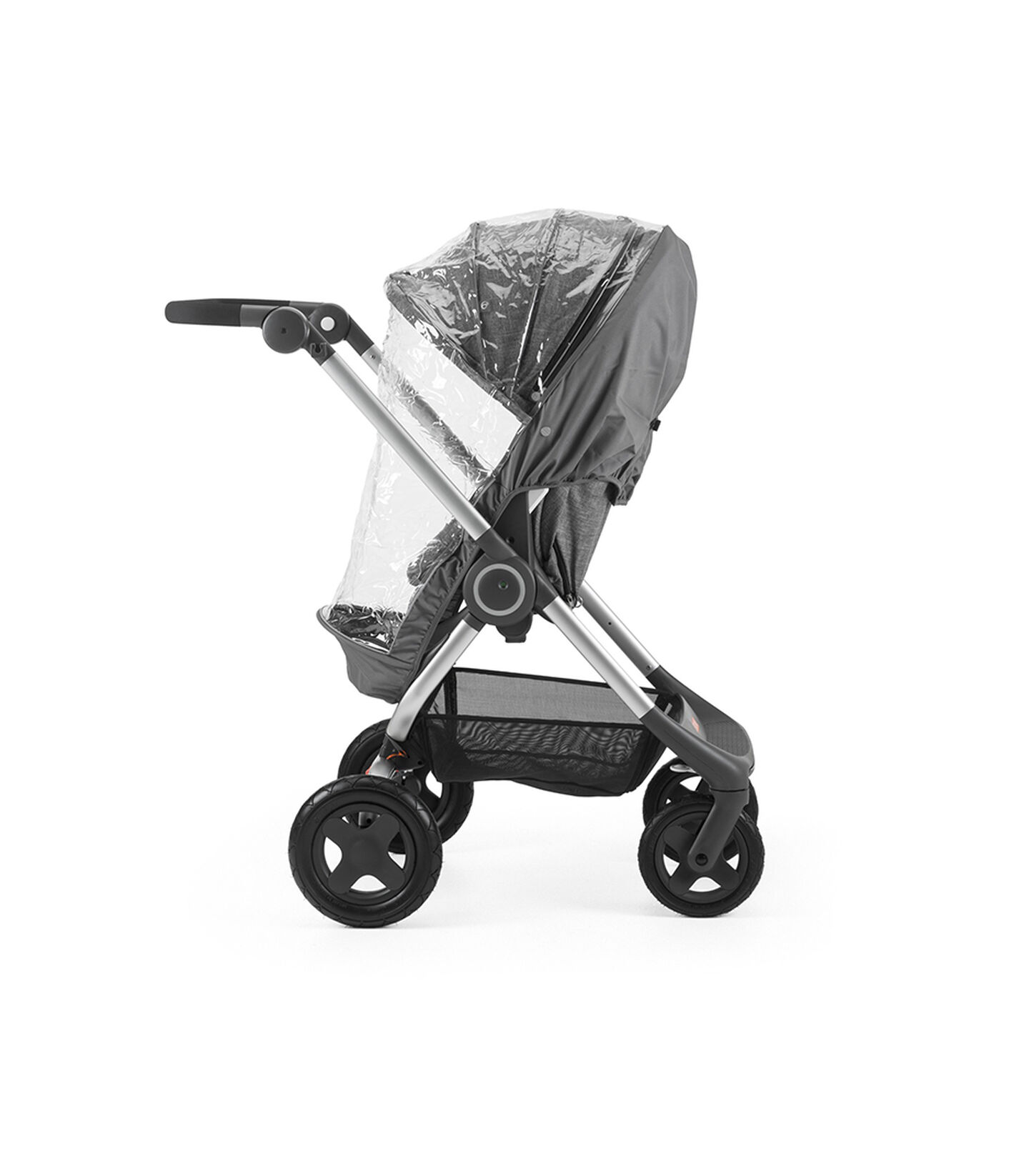 Stokke® Scoot™ Black Melange. Parent facing, active position. Rain Cover. Stokke® Scoot™ Black Melange. Parent facing, active position. Rain Cover.