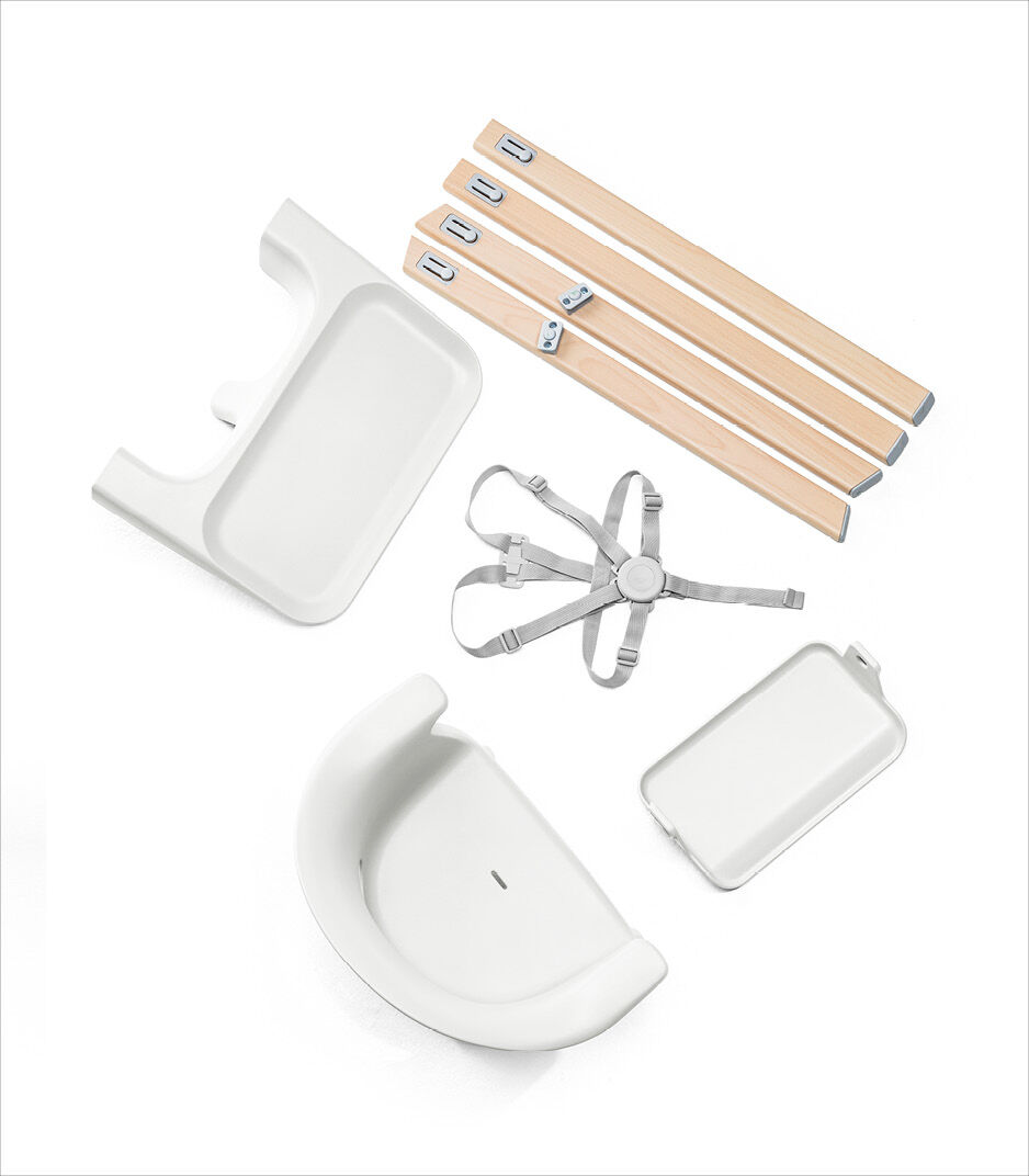 Stokke® Clikk™ High Chair. Natural Beech wood and White plastic parts. What's included overview. galery image 7