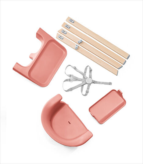 Stokke® Clikk™ High Chair. Natural Beech wood and Sunny Coral plastic parts. What's included overview. view 7