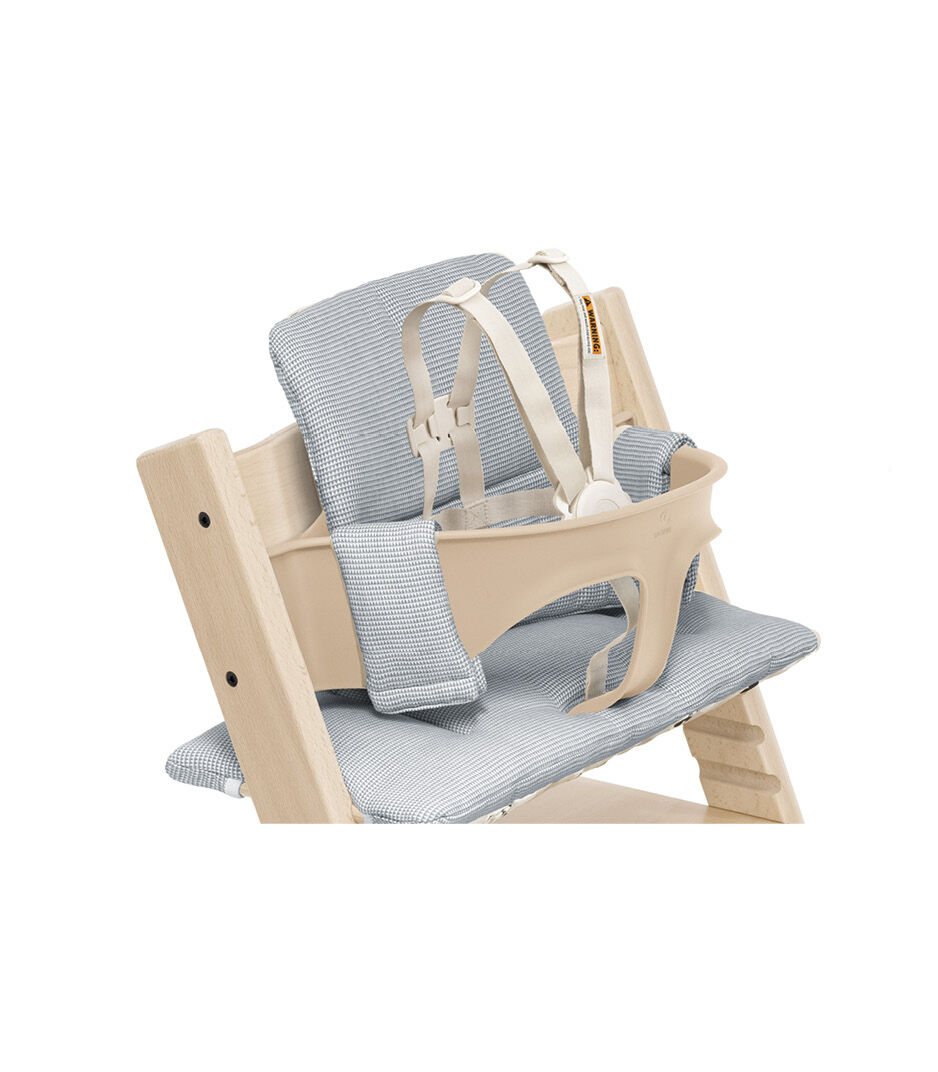 Tripp Trapp® chair Natural with Baby Set2 and Classic Cushion Nordic Blue. US variant with Harness. Close-up. galery image 7
