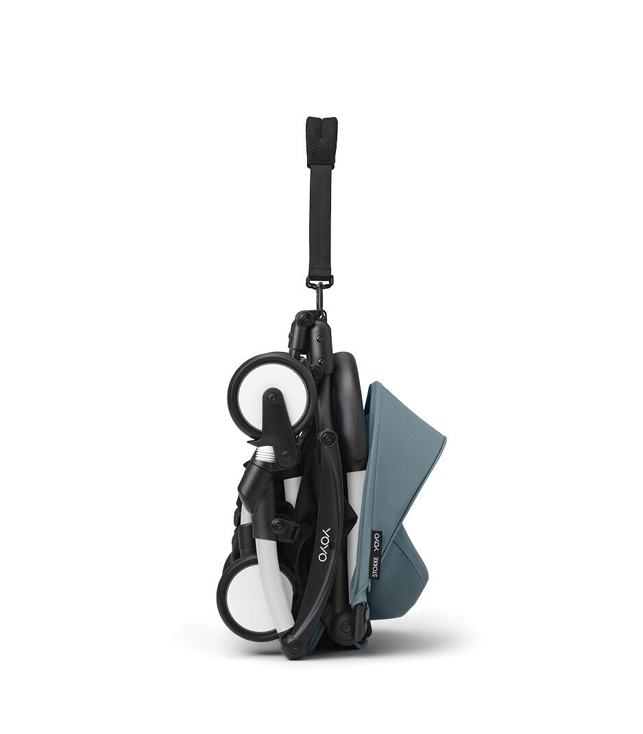 Stokke® YOYO3® 6+ Aqua. White Frame. Folded, vertical.