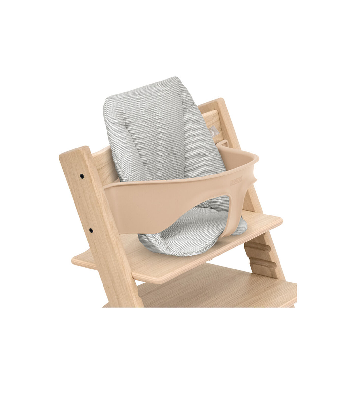 Tripp Trapp® chair Oak Natural, with Baby Set and Baby Cushion Nordic Grey. view 2