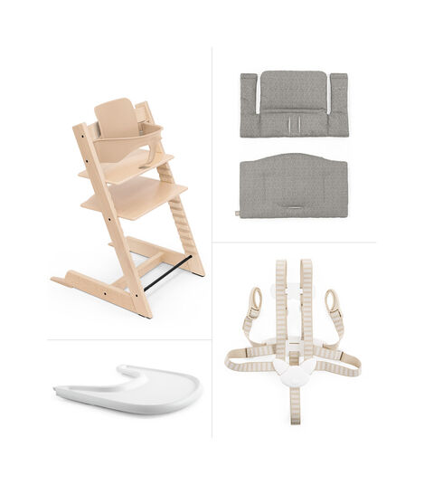 Tripp Trapp® Bundle. Chair Natural, Baby Set, Classic Cushion Grey Dots, Stokke® Tray. US version. view 2