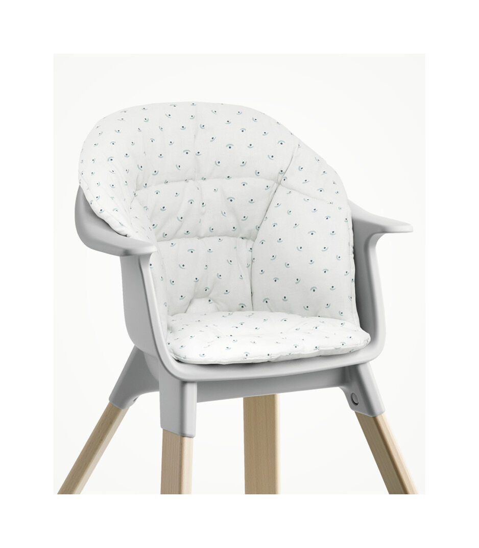 Stokke® Clikk™ High Chair. Natural Beech wood with Cloud Grey plastic colours and  Blueberry Boat cushion.