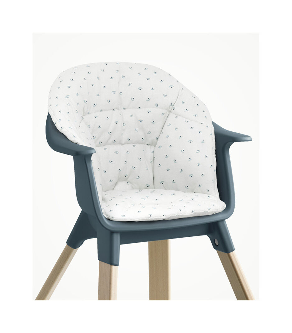 Stokke® Clikk™ High Chair. Natural Beech wood and Fjord Blue plastic colours and Blueberry Boat cushion.