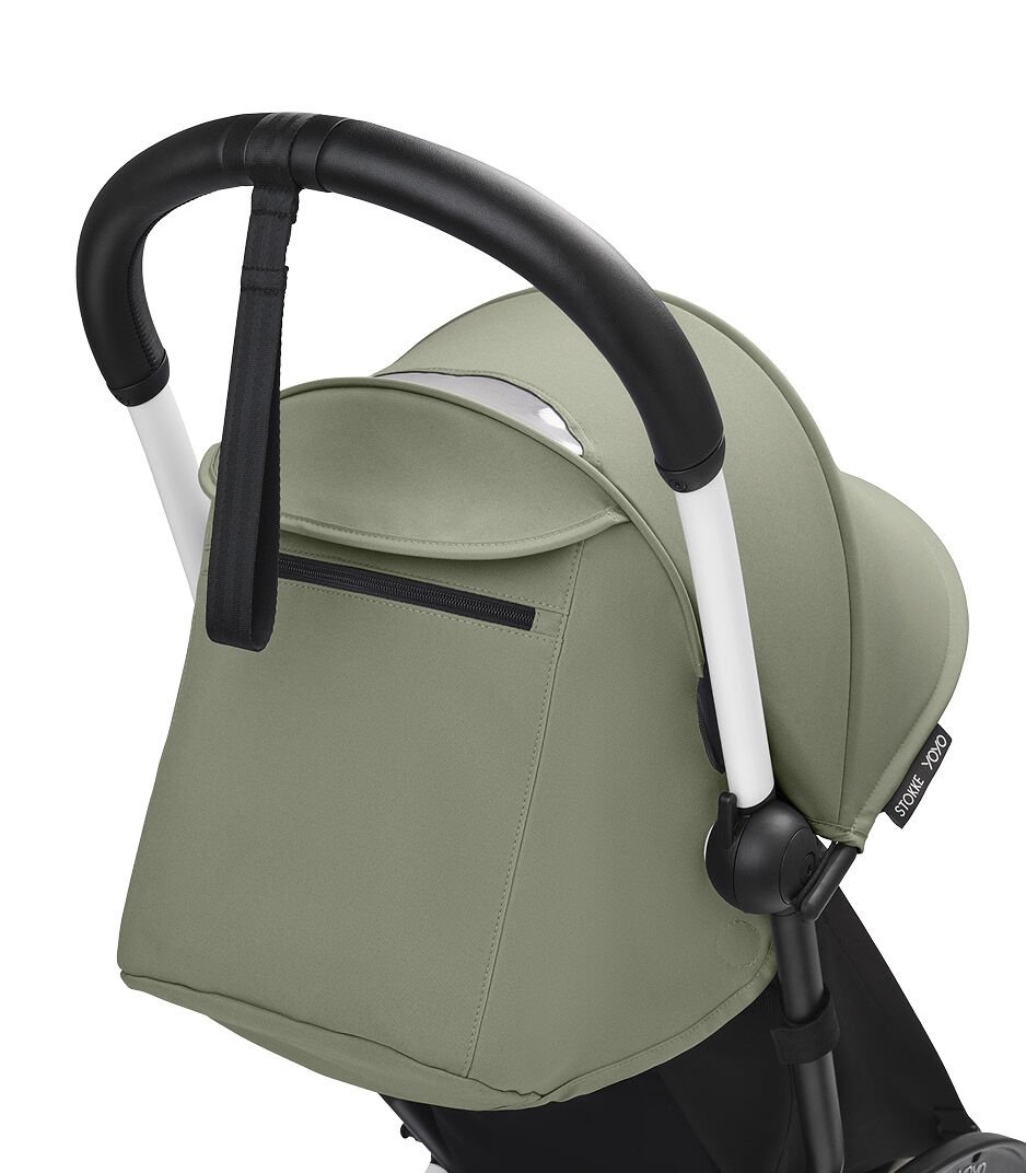 Stokke® YOYO3® 6+ Olive. White Frame. Handle bar, close-up. Angled. galery image 5