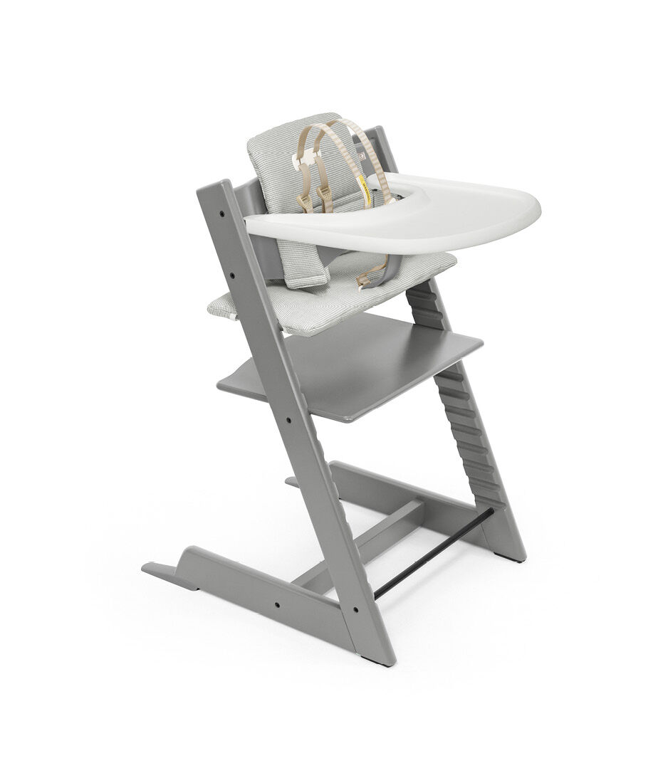 Tripp Trapp® Bundle. Chair Storm Grey, Baby Set with Tray and Classic Cushion Nordic Grey. US version.