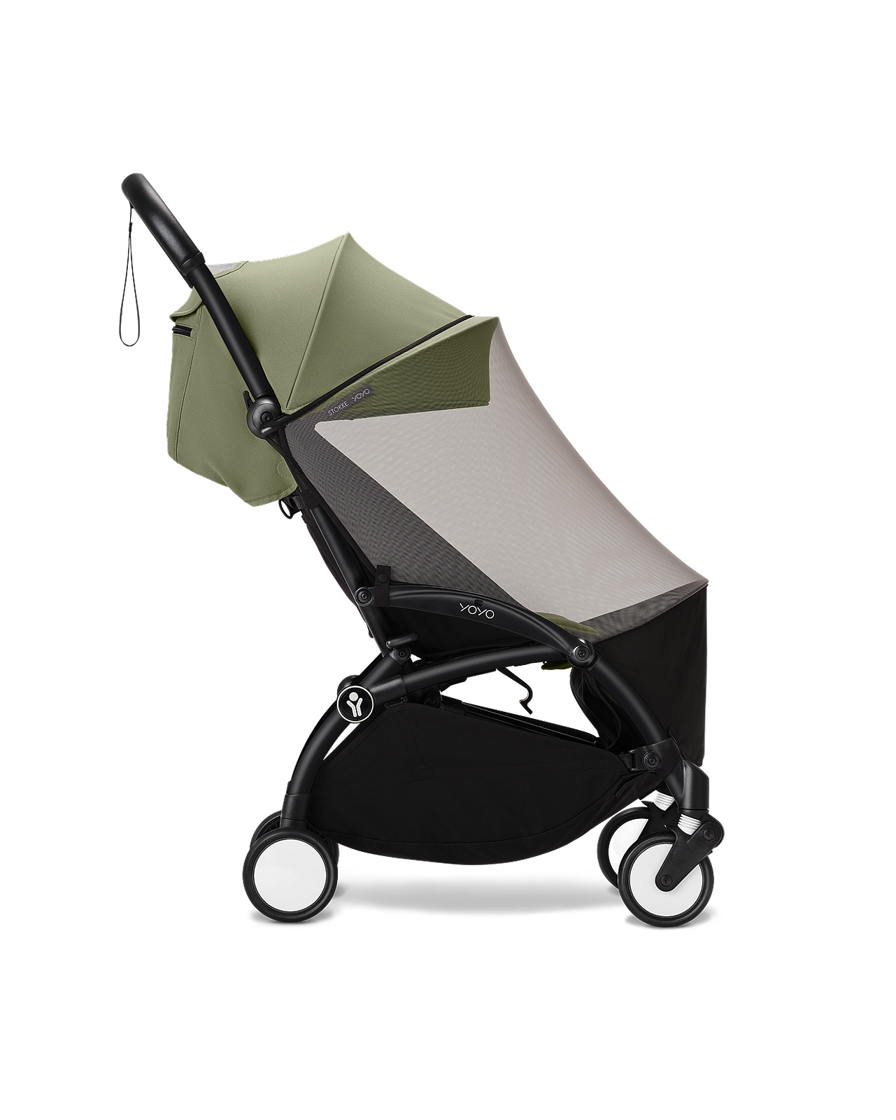 A green and black STOKKE YOYO stroller with a mesh canopy.