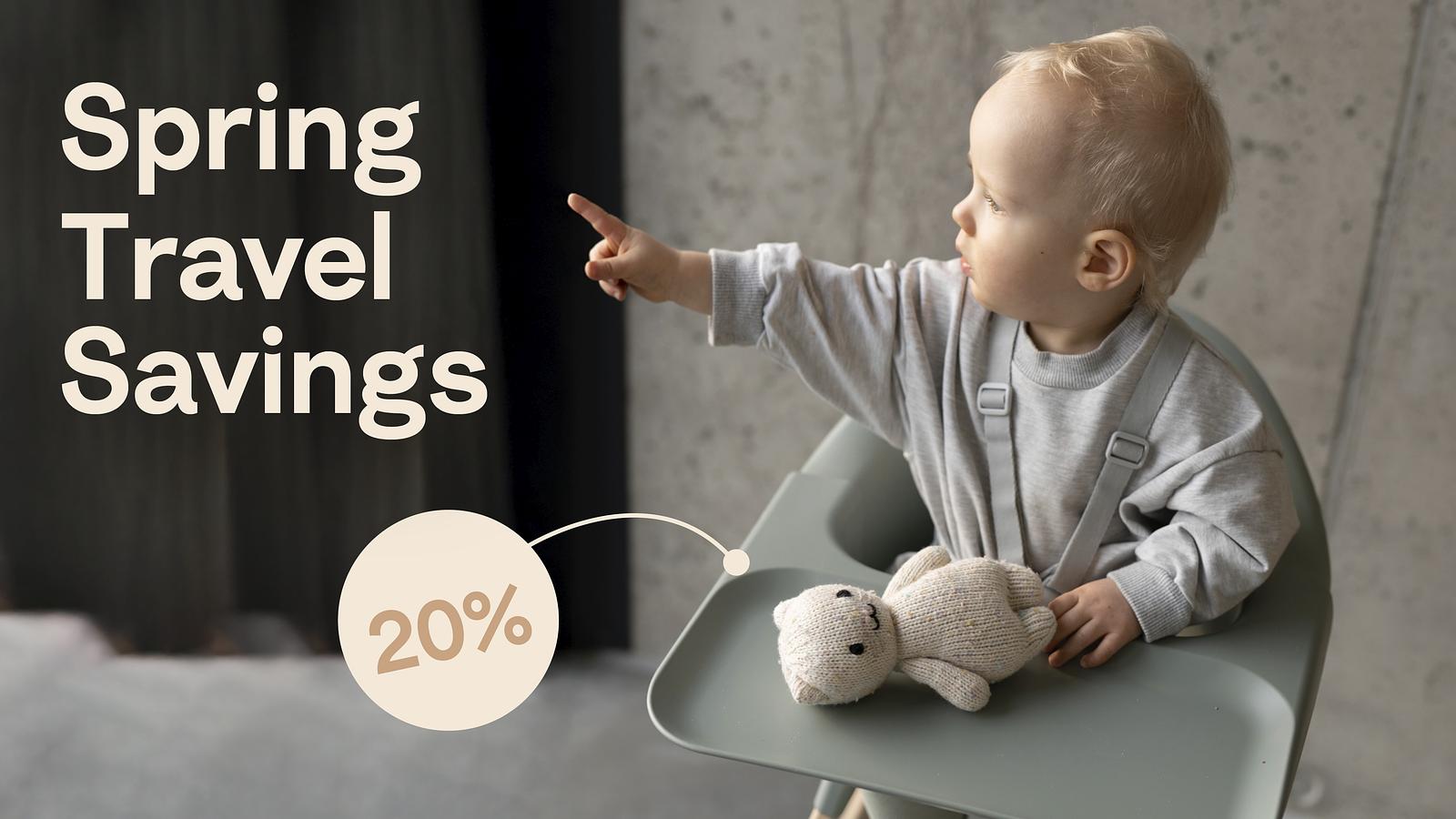 Baby in glacier green Clikk high chair. 20% spring travel savings.