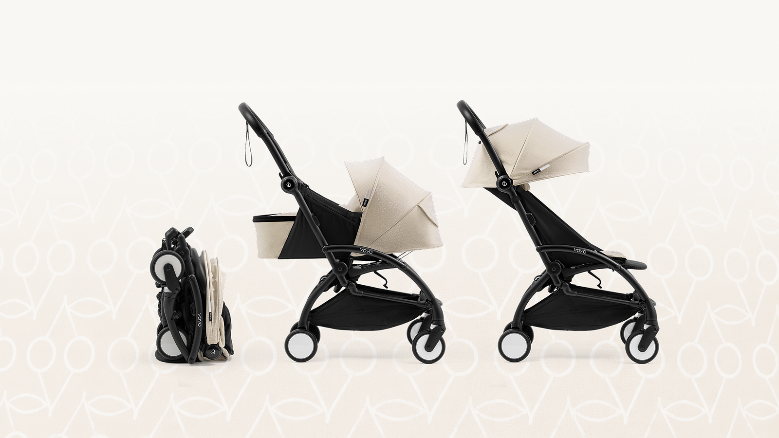 ベージュとブラックのSTOKKE YOYOベビーカー。折りたたみ時、新生児用パック、シート付きの状態で表示。