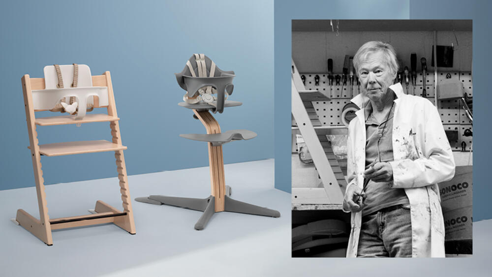 Image of Tripp Trapp® High Chair, Nomi® High Chair, and designer, Peter Opsvik.