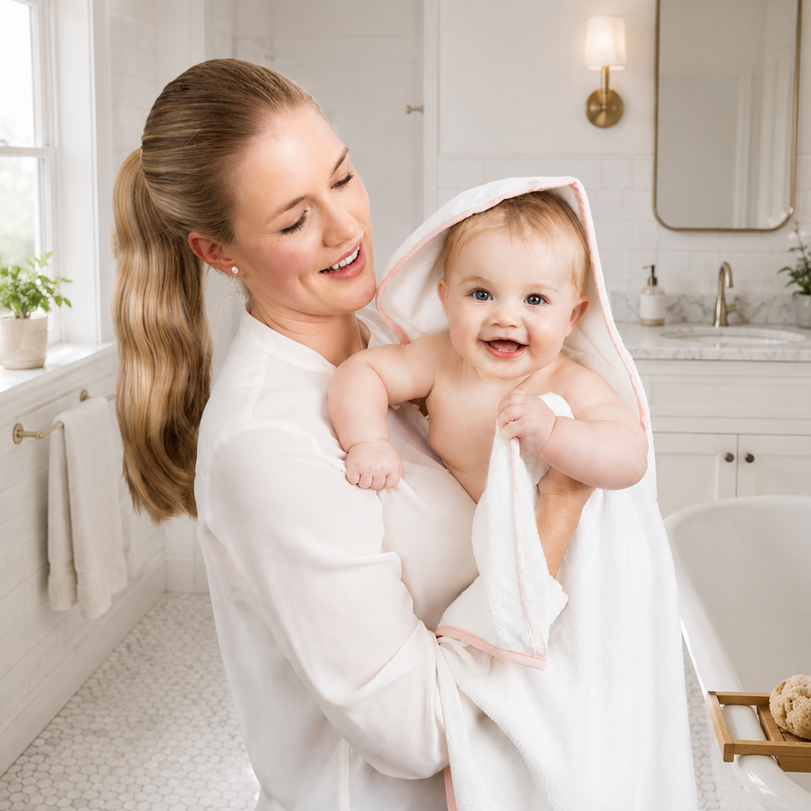 A smiling woman holds a happy baby wrapped in a pink-trimmed hooded towel in a bright bathroom.