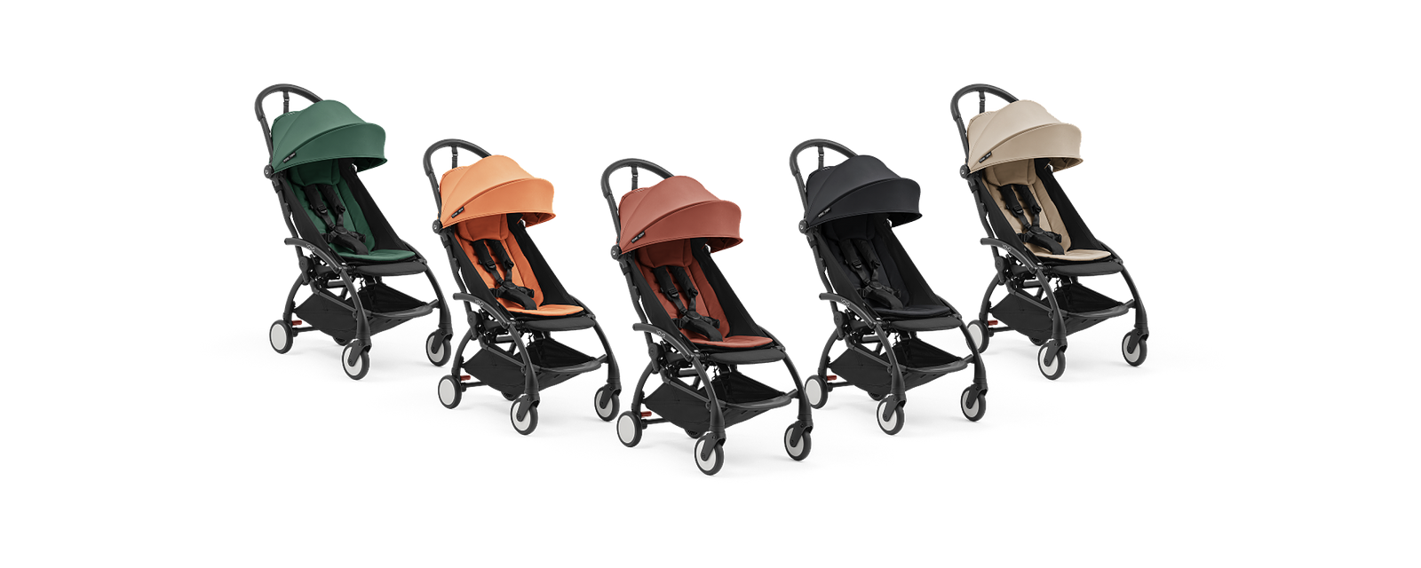Five STOKKE YOYO strollers in green, orange, terracotta, black, and beige colors.