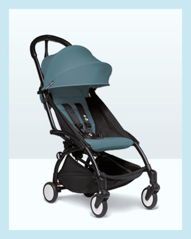 A YOYO stroller for children 6 months and above in color aqua with black frame.