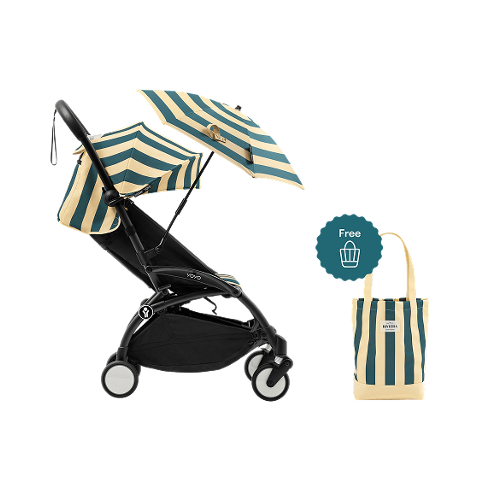STOKKE YOYO Kinderwagen mit gestreiftem Verdeck, Regenschirm und kostenloser passender Tragetasche.