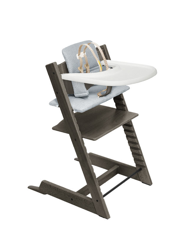 Tripp trapp chair with tray and cushion bundle.