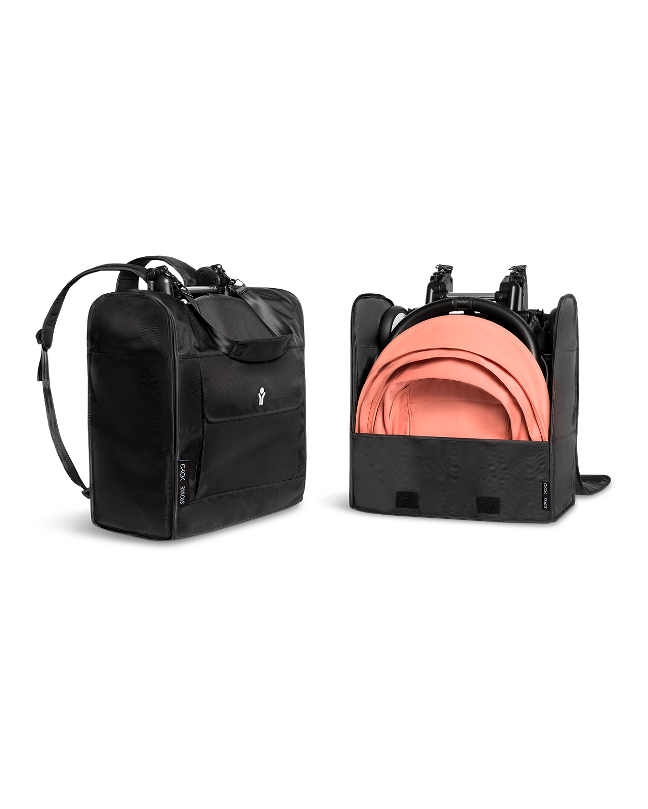 Black STOKKE YOYO bag, and the bag open with a coral STOKKE YOYO stroller inside.