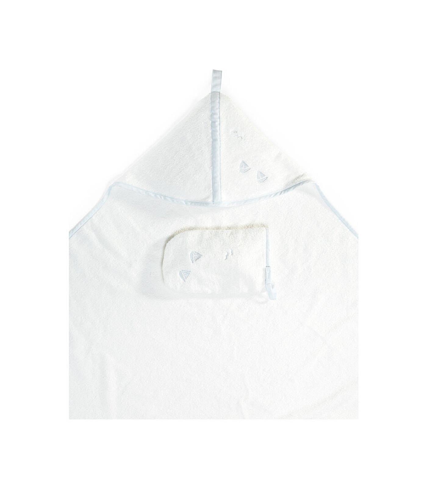 White hooded baby towel with light blue trim and sailboat embroidery, includes a matching washcloth.