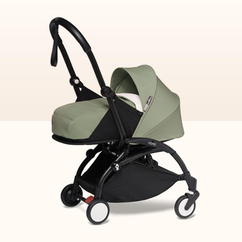 YOYO newborn stroller in color olive with a black frame.