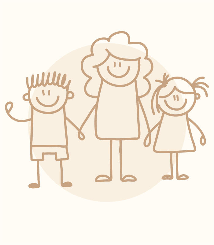 Cartoon of a mother, young son, and daughter representing connection.