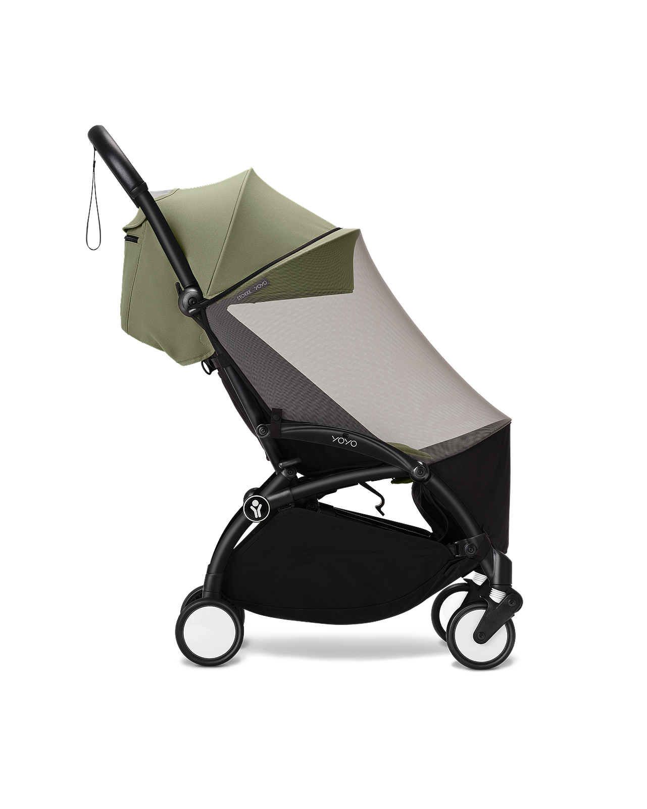 Une poussette STOKKE YOYO verte et noire avec un auvent en maille.