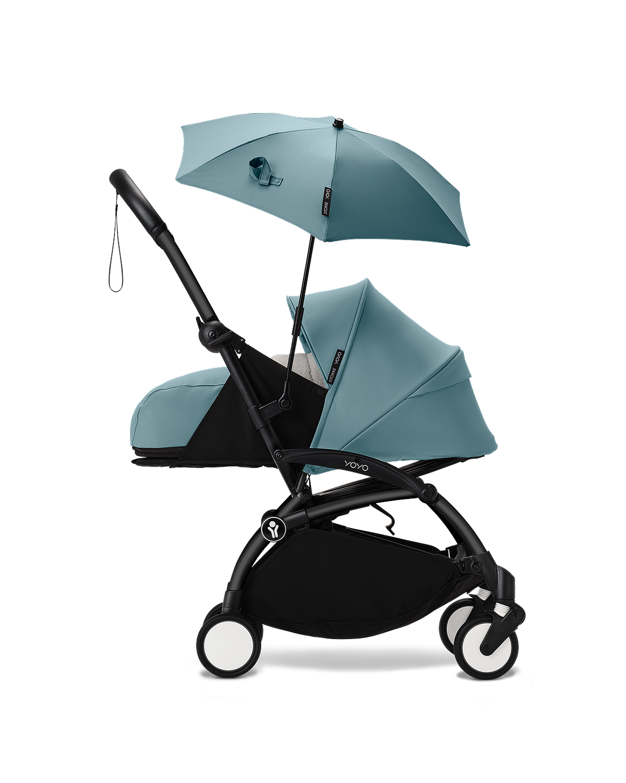 A teal STOKKE YOYO stroller with a matching attached umbrella on a black background.