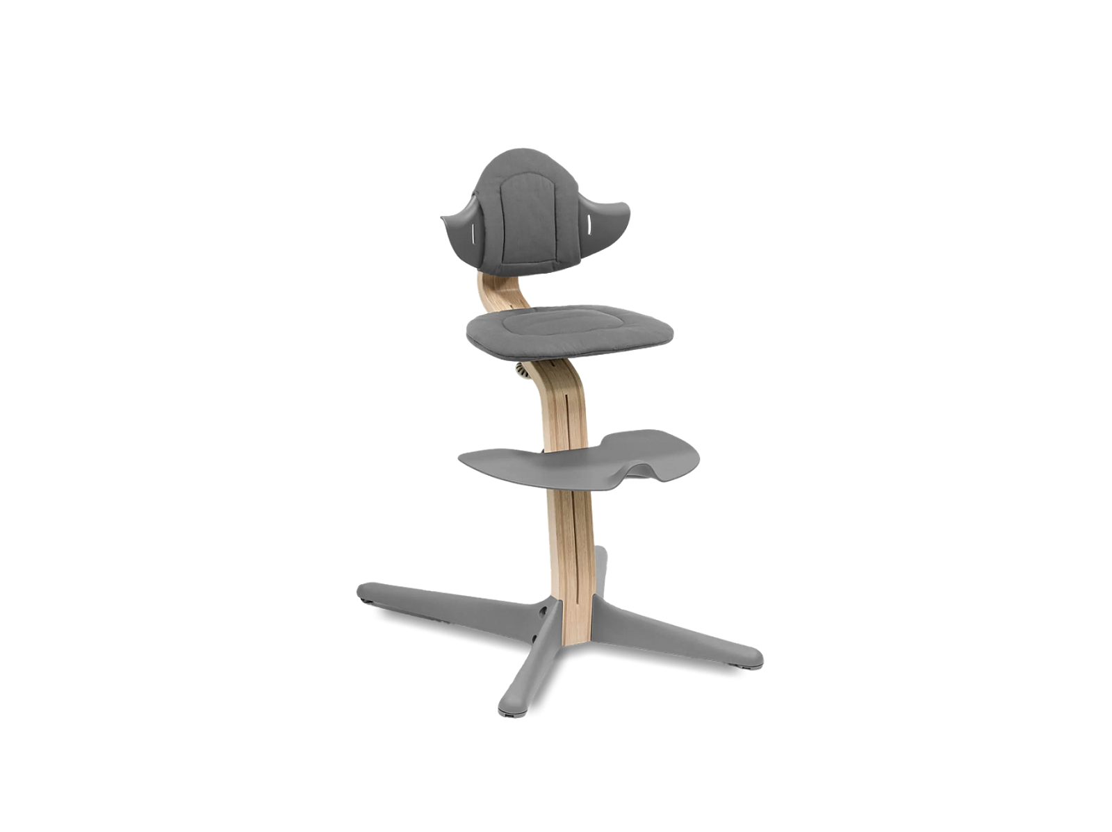 A modern adjustable wooden chair with grey padded seat, backrest, footrest, and star base.