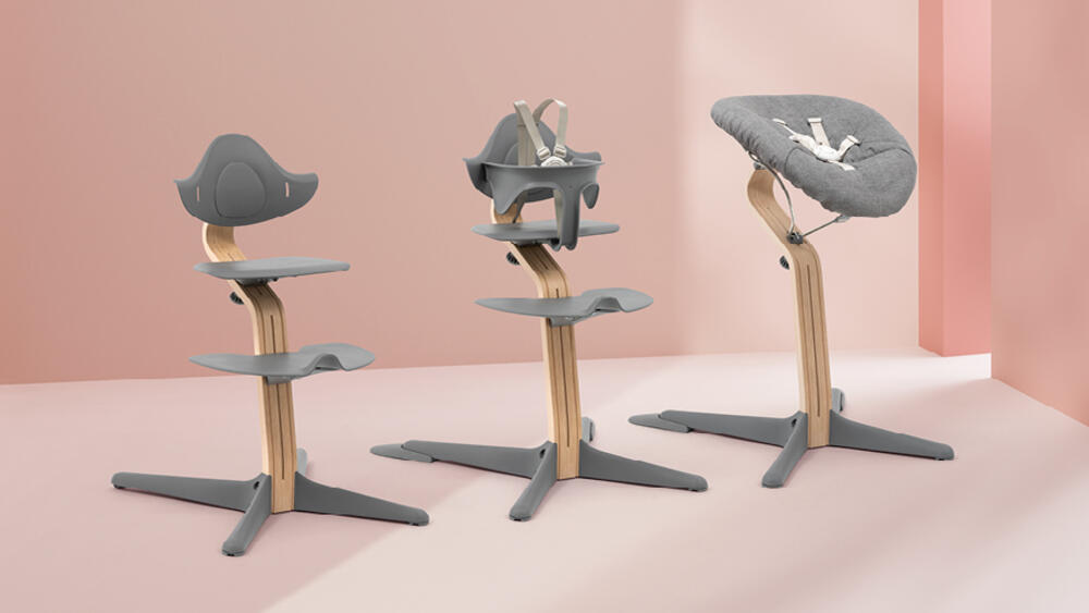 Image of Stokke® Nomi® chair, Stokke® Nomi® chair with baby set and Stokke® Nomi® chair with newborn set. 