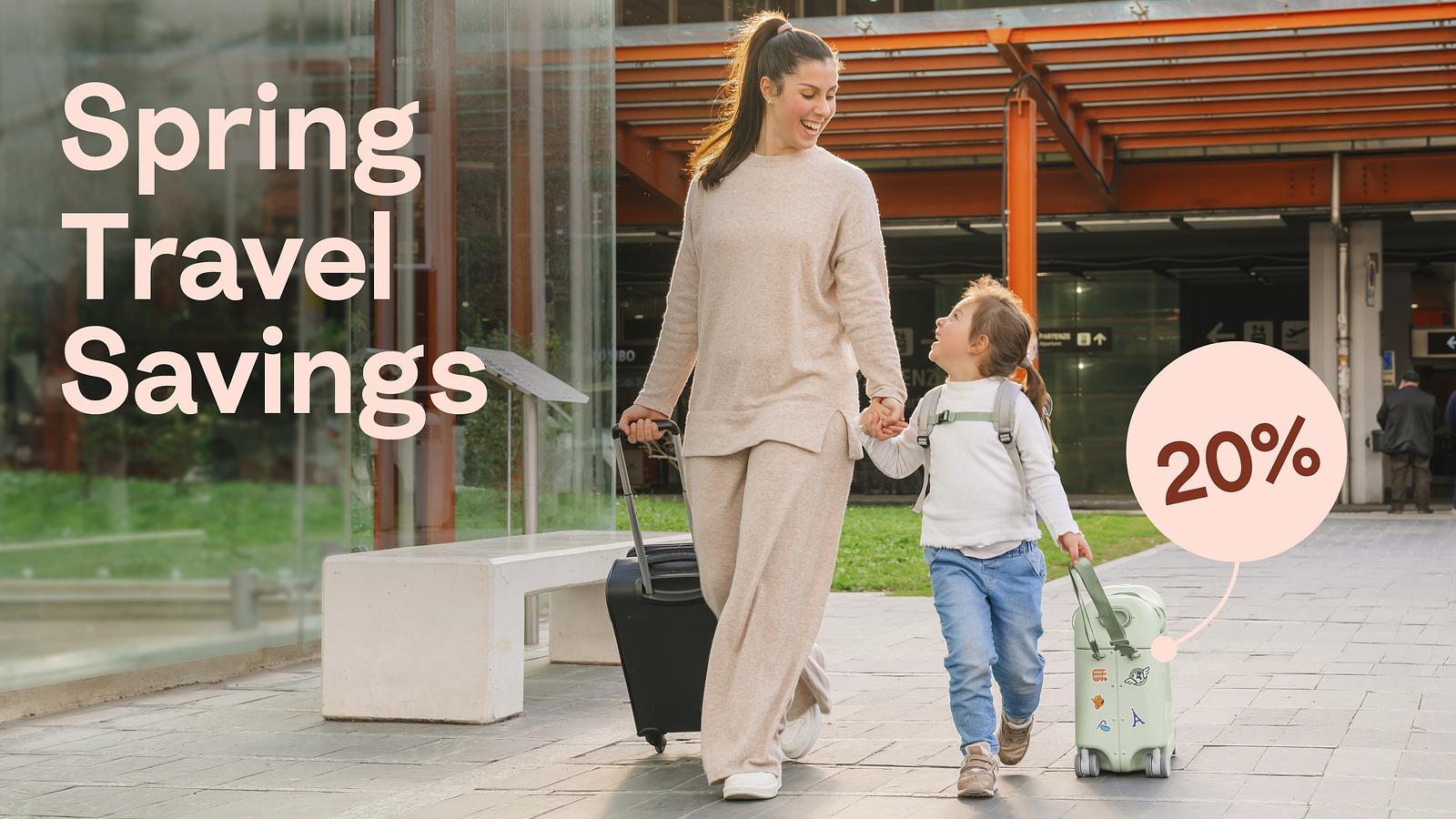 Mother and daughter walking with bedbox and suitcase. Spring travel savings 20%