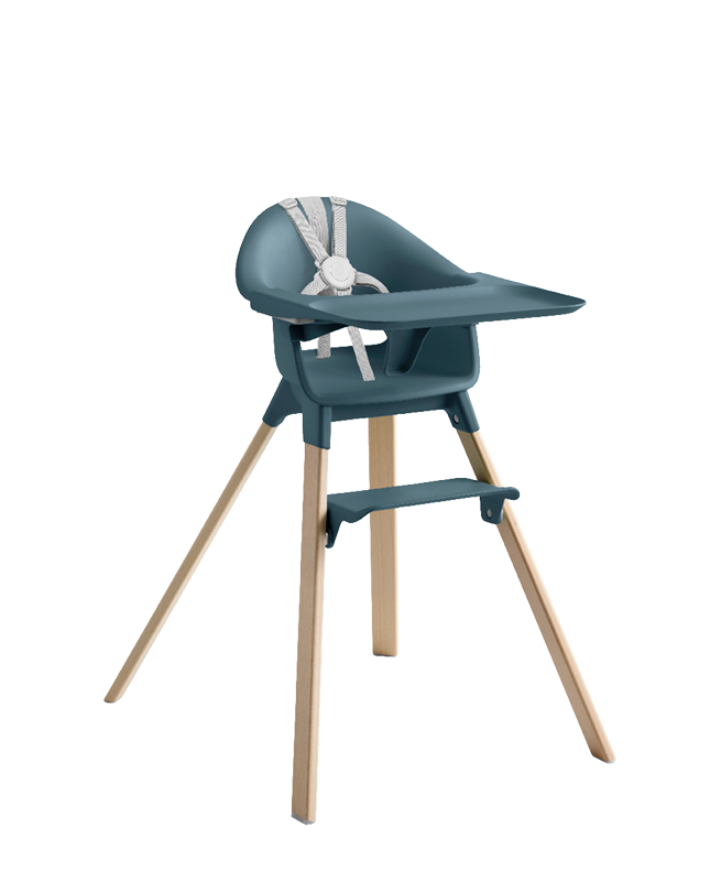 Clikk high chair in fjord blue and natural.