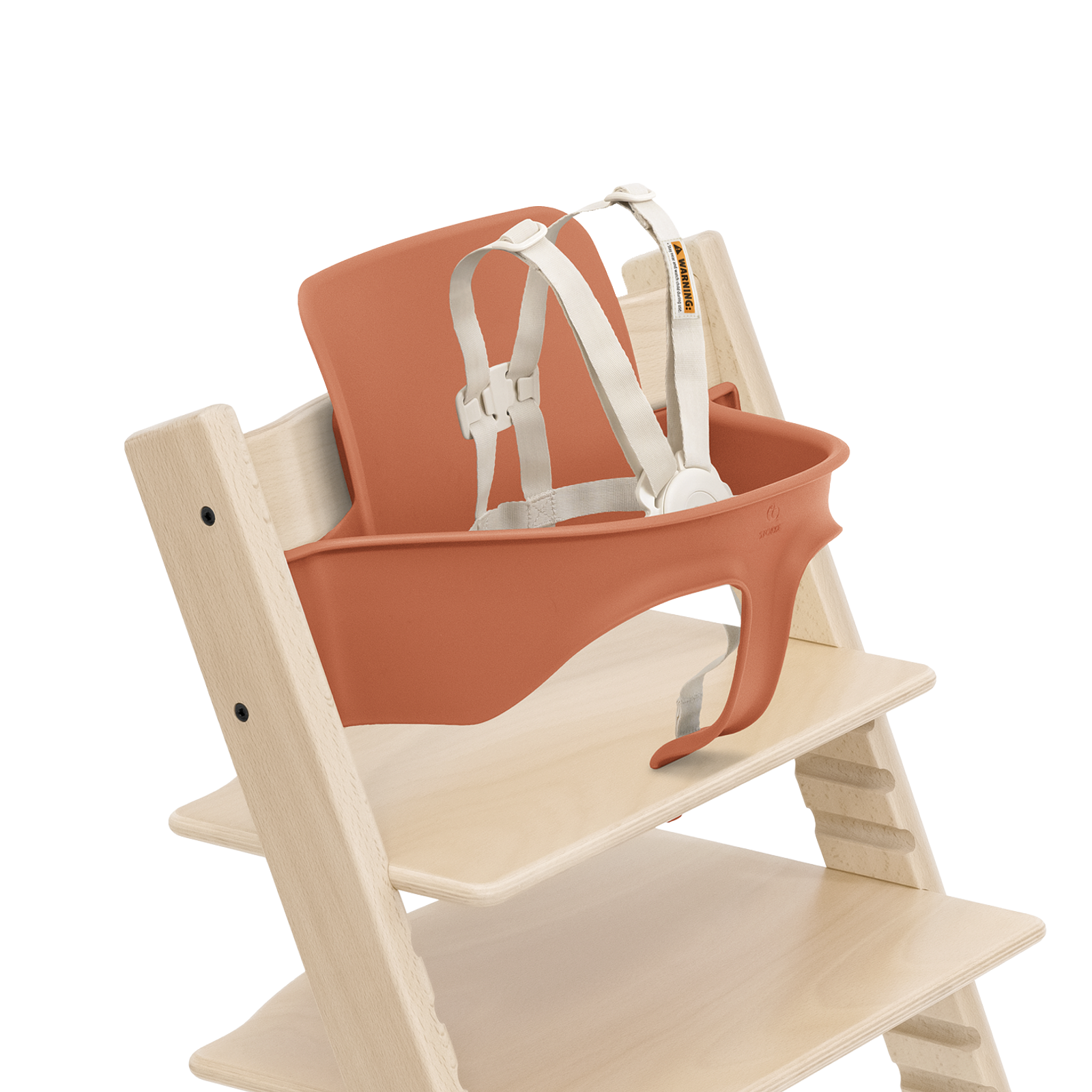 Tripp Trapp high chair with terracotta Baby Set and white harness.