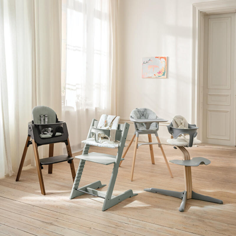 Stokke's assortment of high chairs including Tripp Trapp, Steps, Clikk and Nomi.