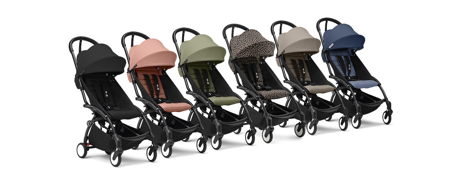 Seis cochecitos STOKKE YOYO con diferentes paquetes de colores: negro, rosa, oliva, leopardo, beige, azul.