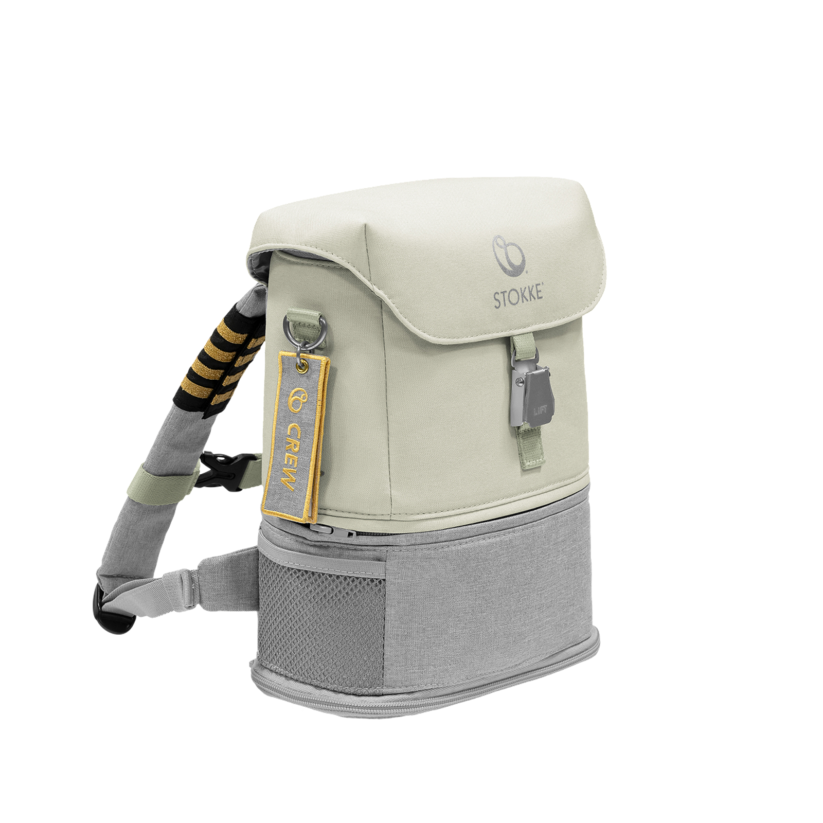STOKKE light beige and grey backpack with a 'CREW' keychain and striped strap.